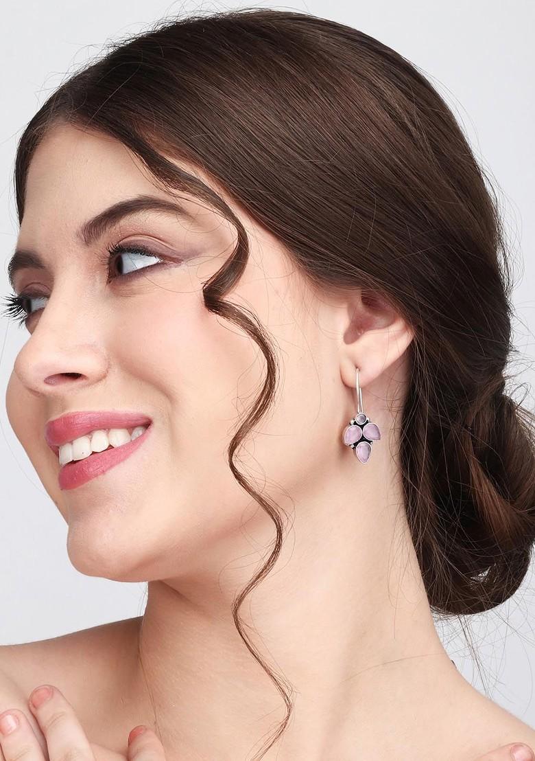 Silver Plated Stones Studded Leaf Shaped Drop Earrings