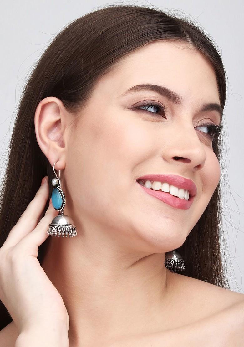 Silver Plated Stones Studded Dome Shaped Jhumkas