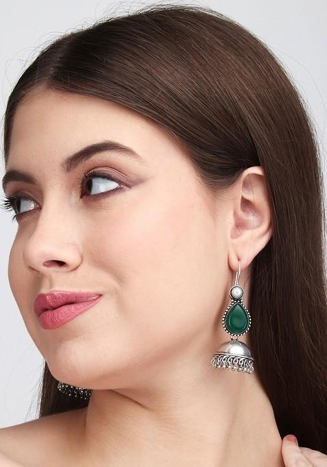 Silver Plated Artificial Stones Dome Shaped Jhumkas