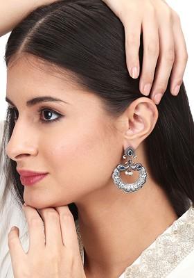 Silver Plated Stone Studded And Beaded Contemporary Drop Earrings