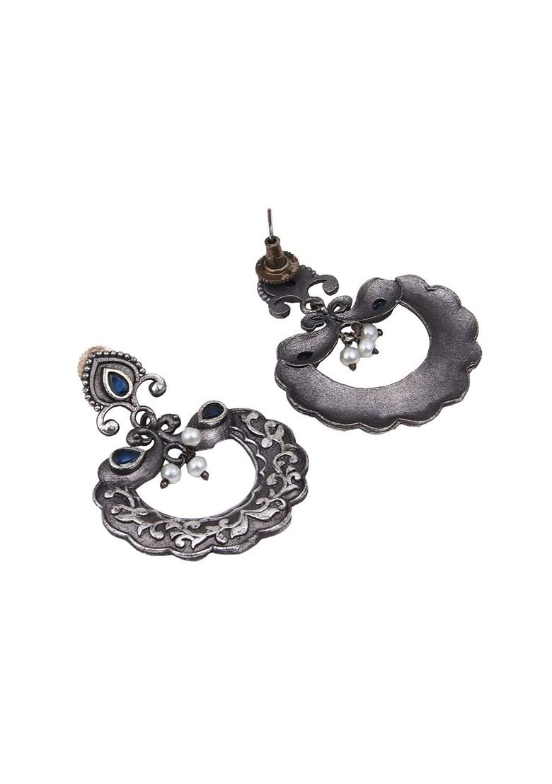 Silver Plated Stone Studded And Beaded Contemporary Drop Earrings