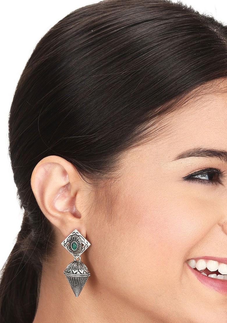 Silver Plated Stone Studded Oxidised Dome Shaped Jhumkas