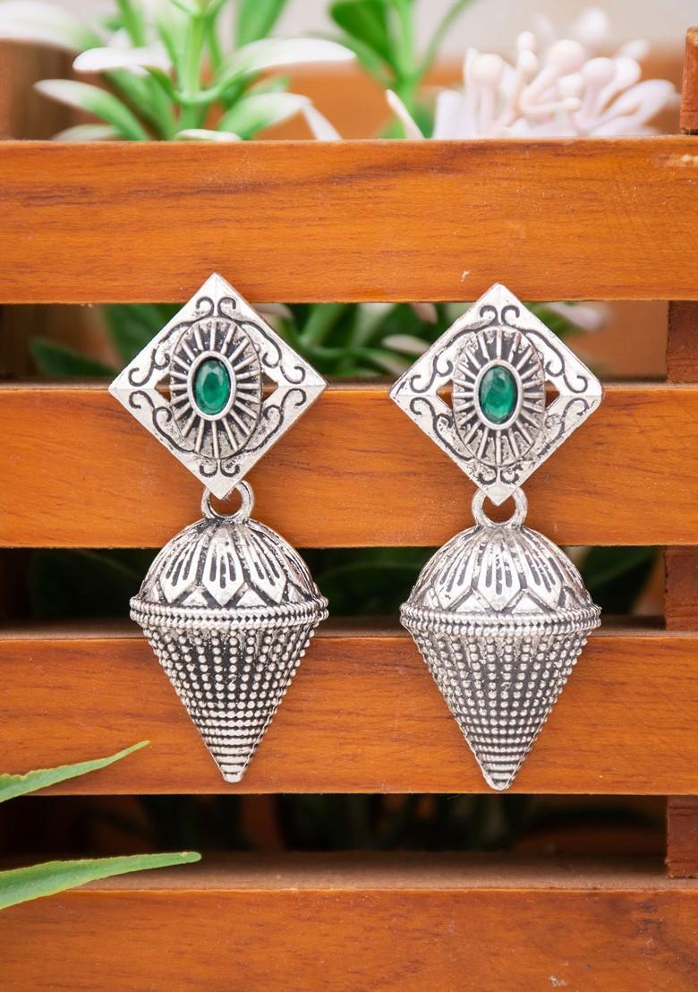 Silver Plated Stone Studded Oxidised Dome Shaped Jhumkas