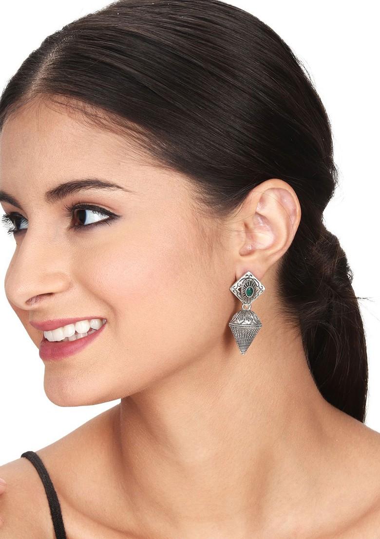 Silver Plated Stone Studded Oxidised Dome Shaped Jhumkas