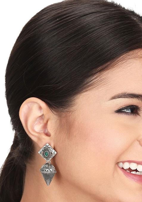 Silver Plated Stone Studded Oxidised Dome Shaped Jhumkas