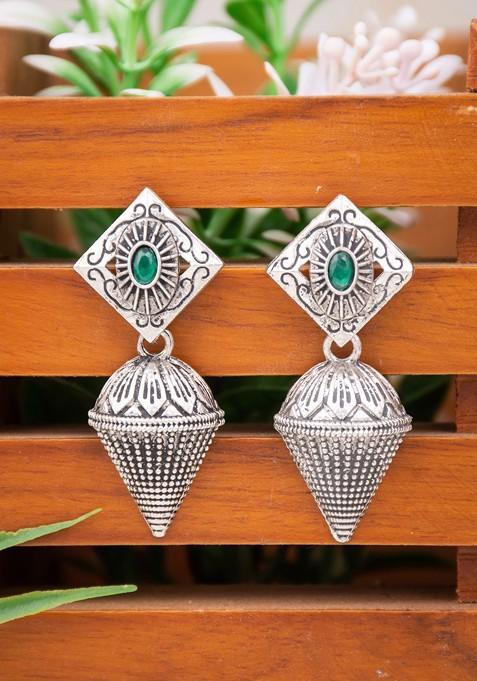 Silver Plated Stone Studded Oxidised Dome Shaped Jhumkas