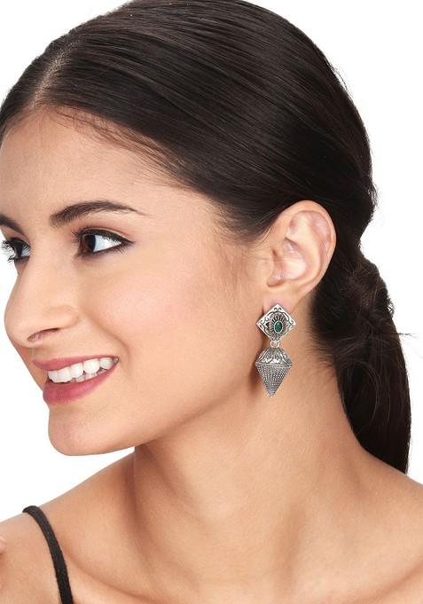 Silver Plated Stone Studded Oxidised Dome Shaped Jhumkas