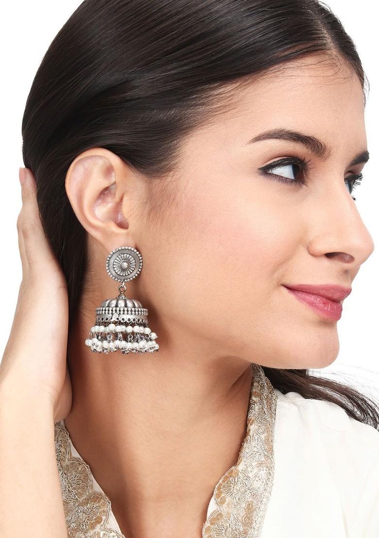 Silver Plated Beaded Oxidised Dome Shaped Jhumkas