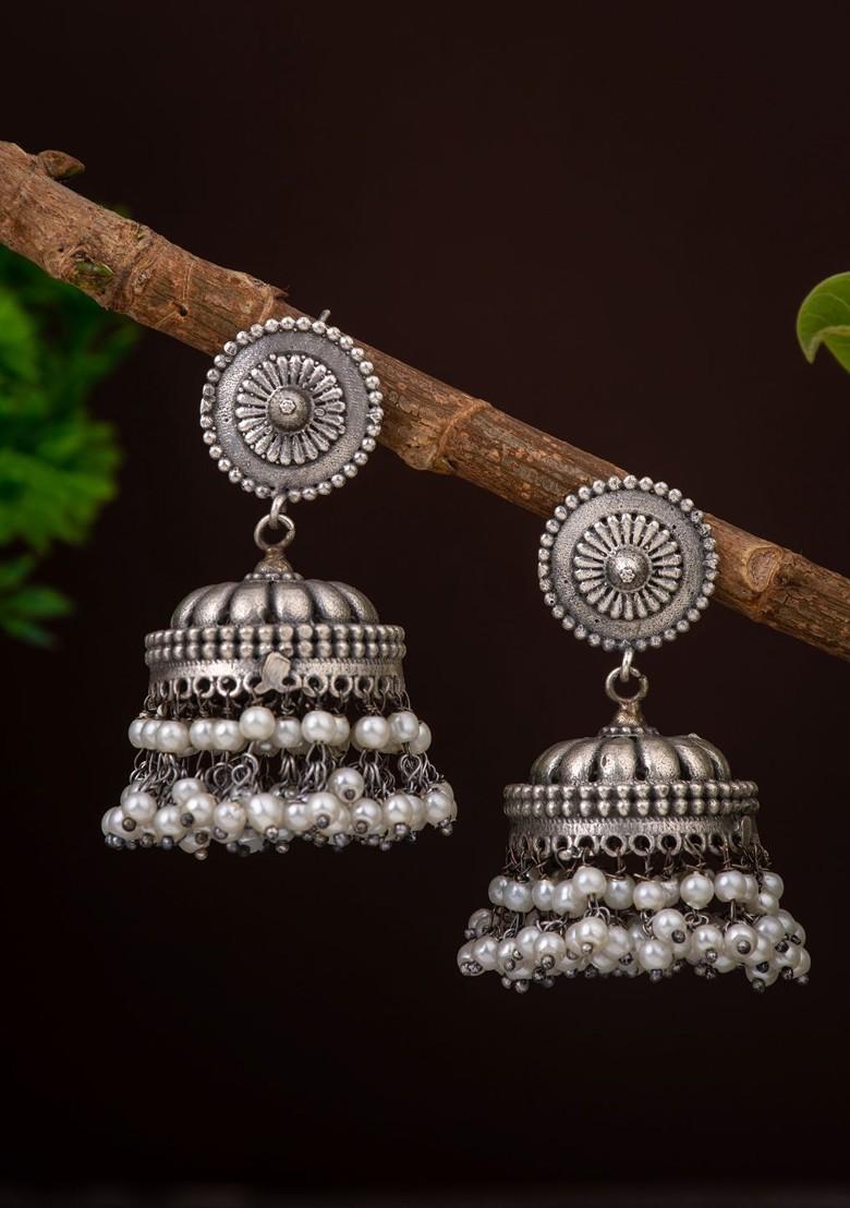 Silver Plated Beaded Oxidised Dome Shaped Jhumkas