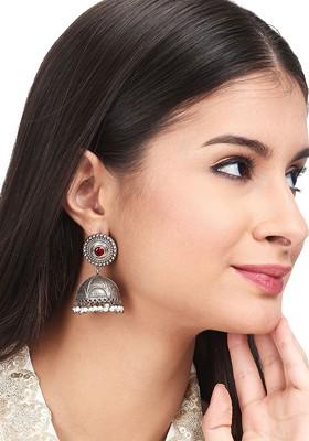 Silver Plated Stone Studded And Beaded Oxidised Dome Shaped Jhumkas