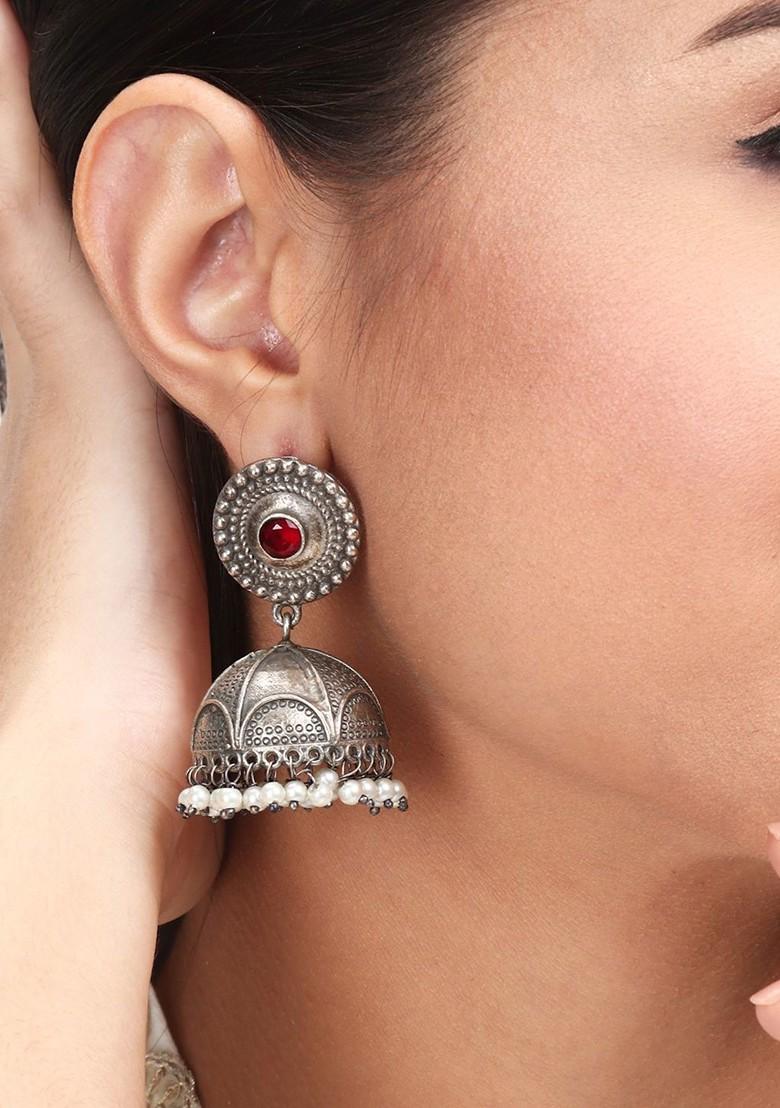 Silver Plated Stone Studded And Beaded Oxidised Dome Shaped Jhumkas