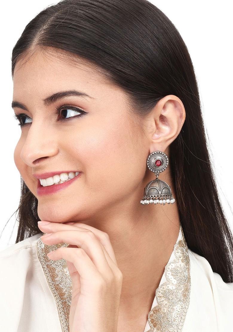Silver Plated Stone Studded And Beaded Oxidised Dome Shaped Jhumkas