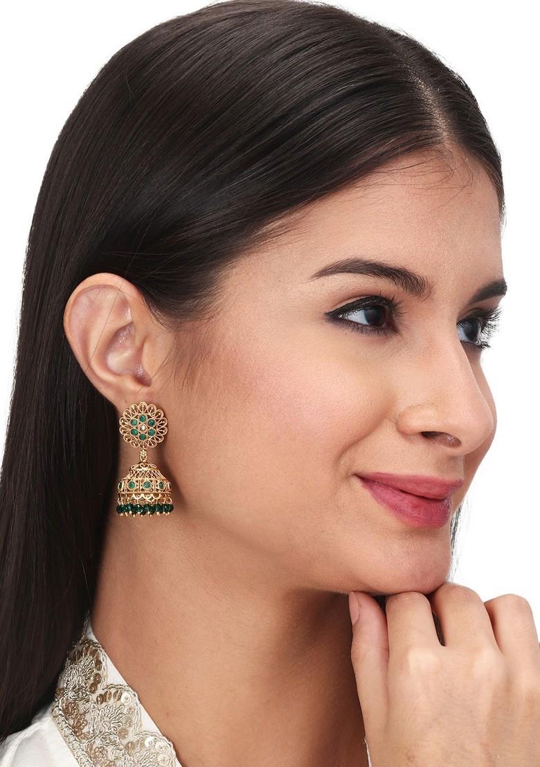 Gold Plated Stone Studded And Beaded Dome Shaped Jhumkas
