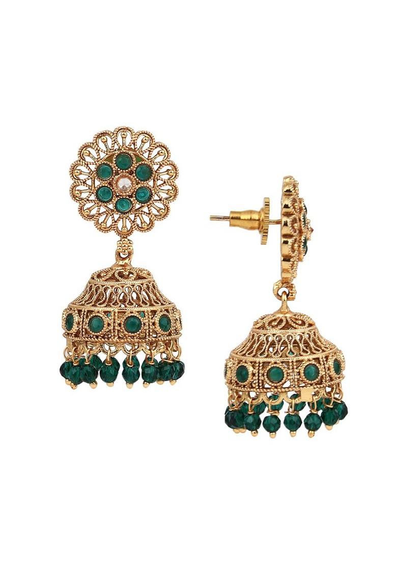 Gold Plated Stone Studded And Beaded Dome Shaped Jhumkas