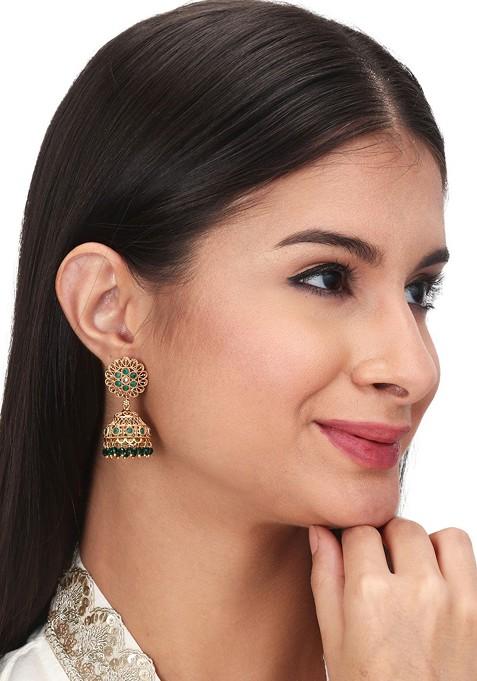 Gold Plated Stone Studded And Beaded Dome Shaped Jhumkas