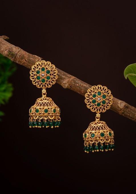 Gold Plated Stone Studded And Beaded Dome Shaped Jhumkas
