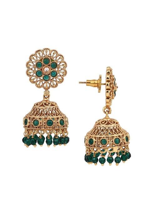 Gold Plated Stone Studded And Beaded Dome Shaped Jhumkas