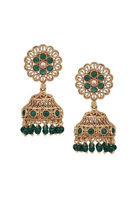 Gold Plated Stone Studded And Beaded Dome Shaped Jhumkas