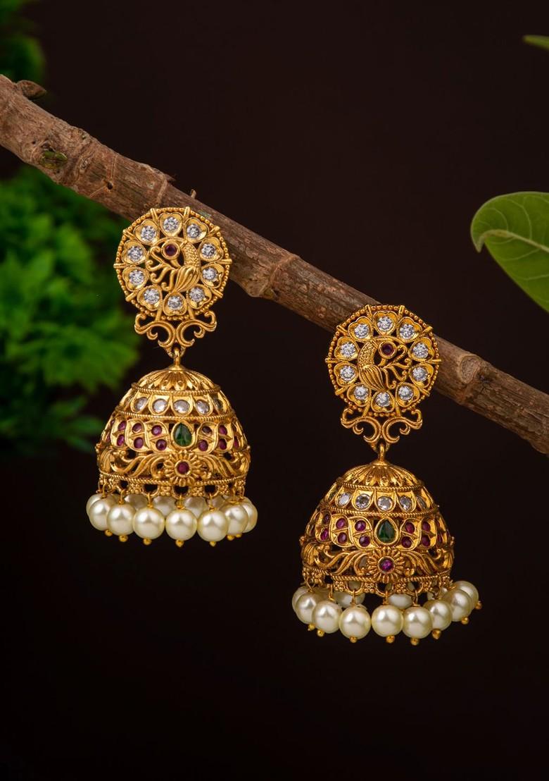 Gold Plated Artificial Stones Dome Shape Jhumkas