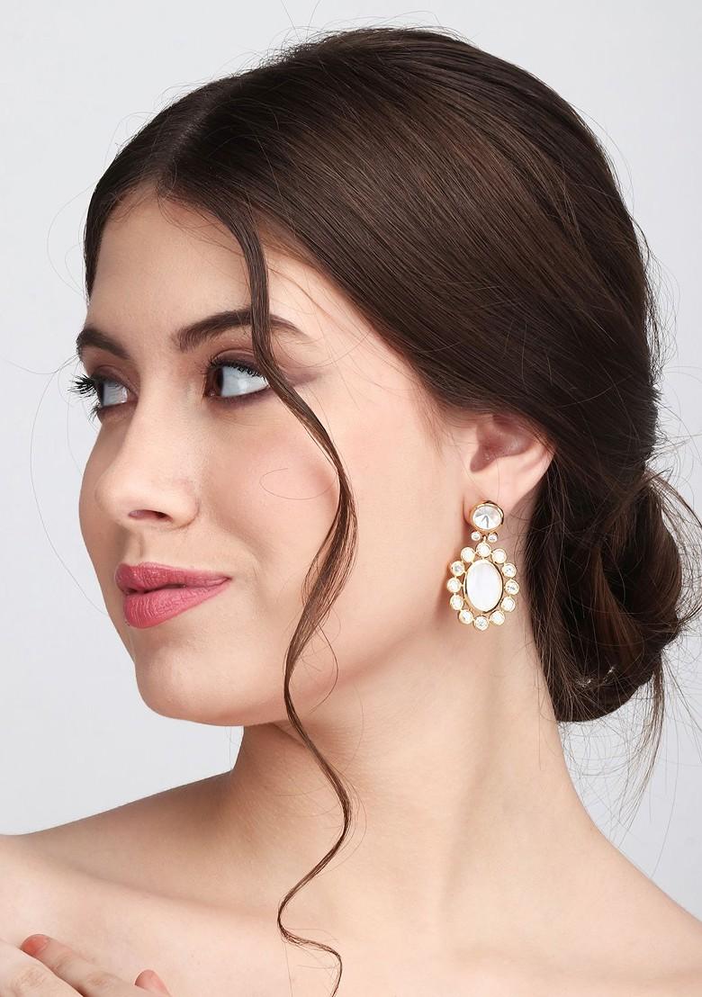 Gold Plated Contemporary Mother Of Pearl And Ad And Kundan Drop Earrings