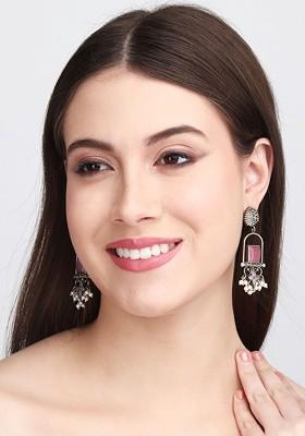 Silver Plated Ad Stone Studded Contemporary Brass Drop Earrings