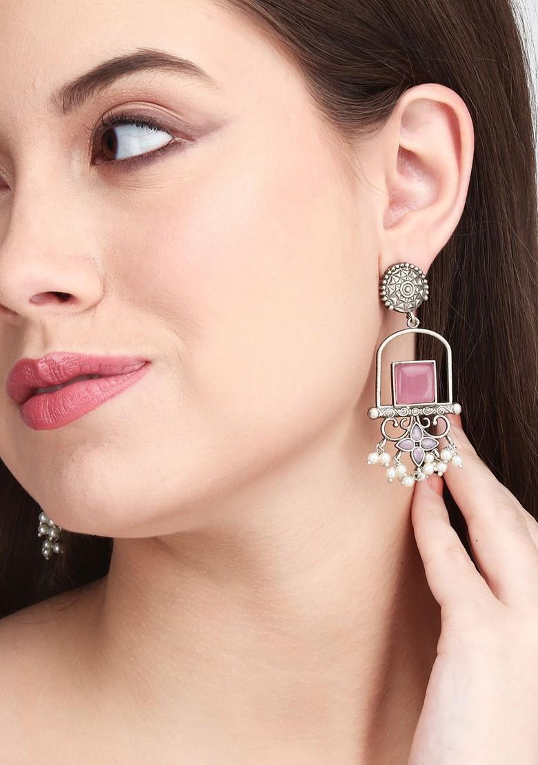 Silver Plated Ad Stone Studded Contemporary Brass Drop Earrings