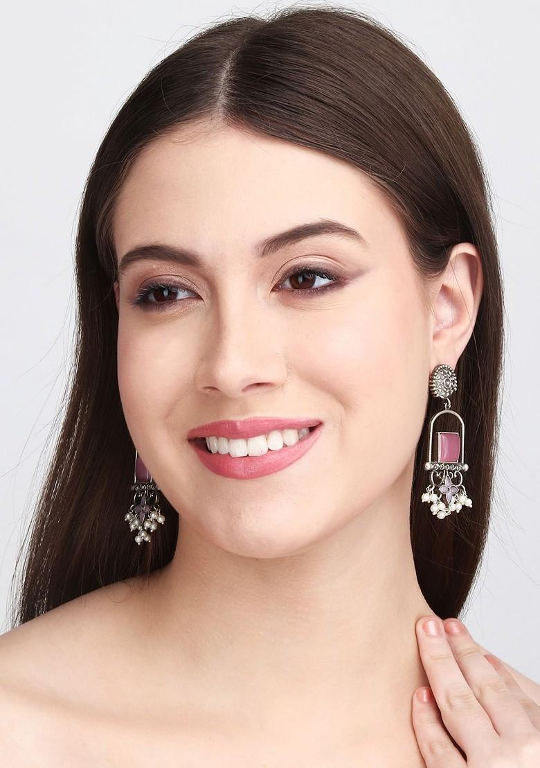 Silver Plated Ad Stone Studded Contemporary Brass Drop Earrings
