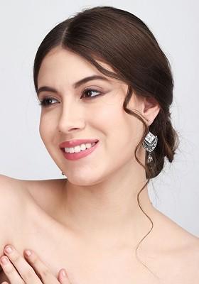 Silver Plated Ad Studded Contemporary Brass Drop Earrings