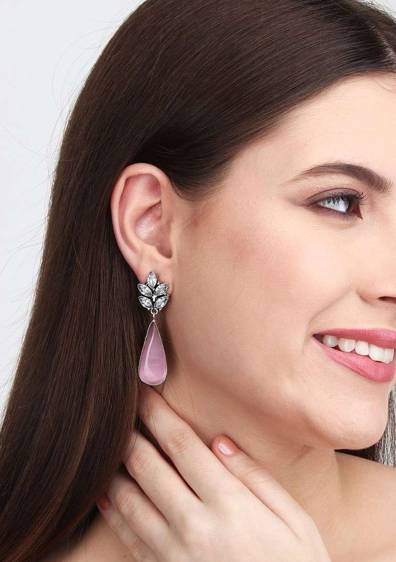 Silver Plated American Diamond Studded Teardrop Shaped Drop Earrings - Indya