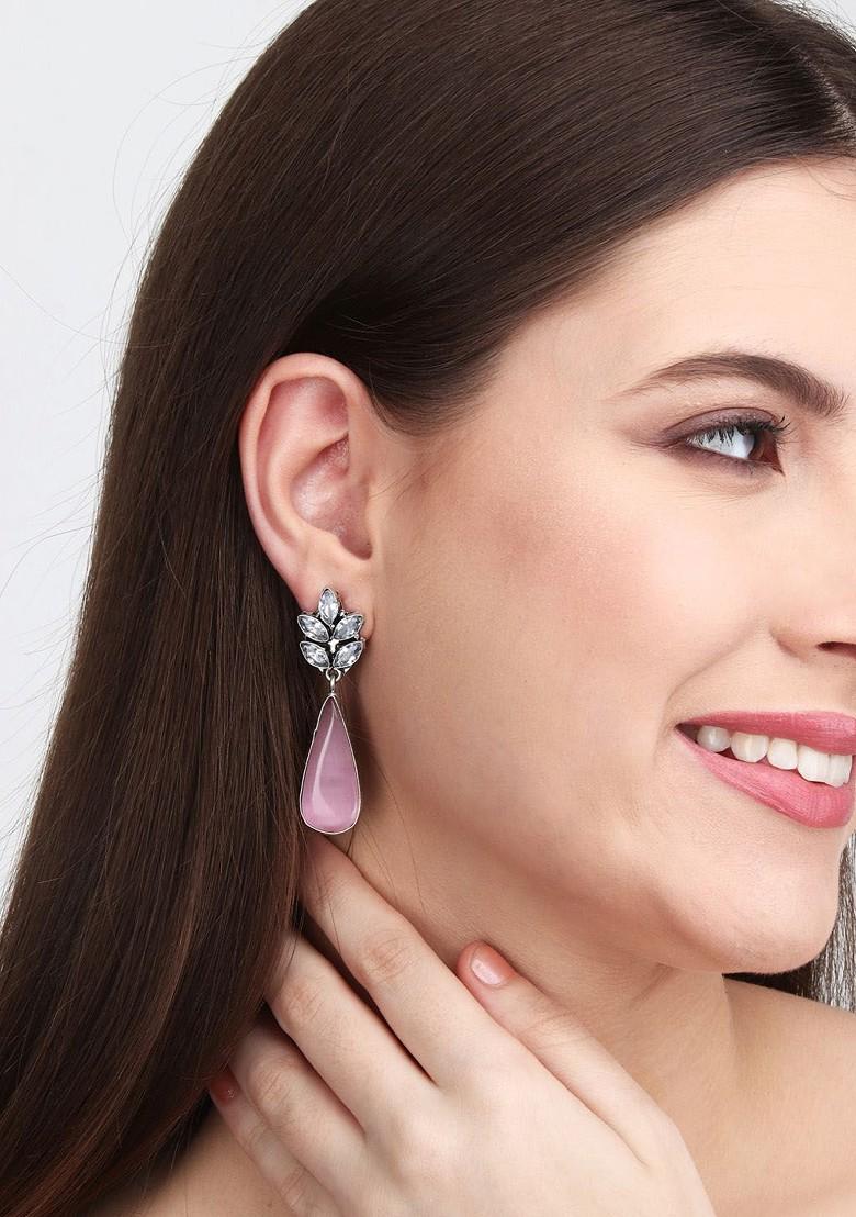 Silver Plated American Diamond Studded Teardrop Shaped Drop Earrings