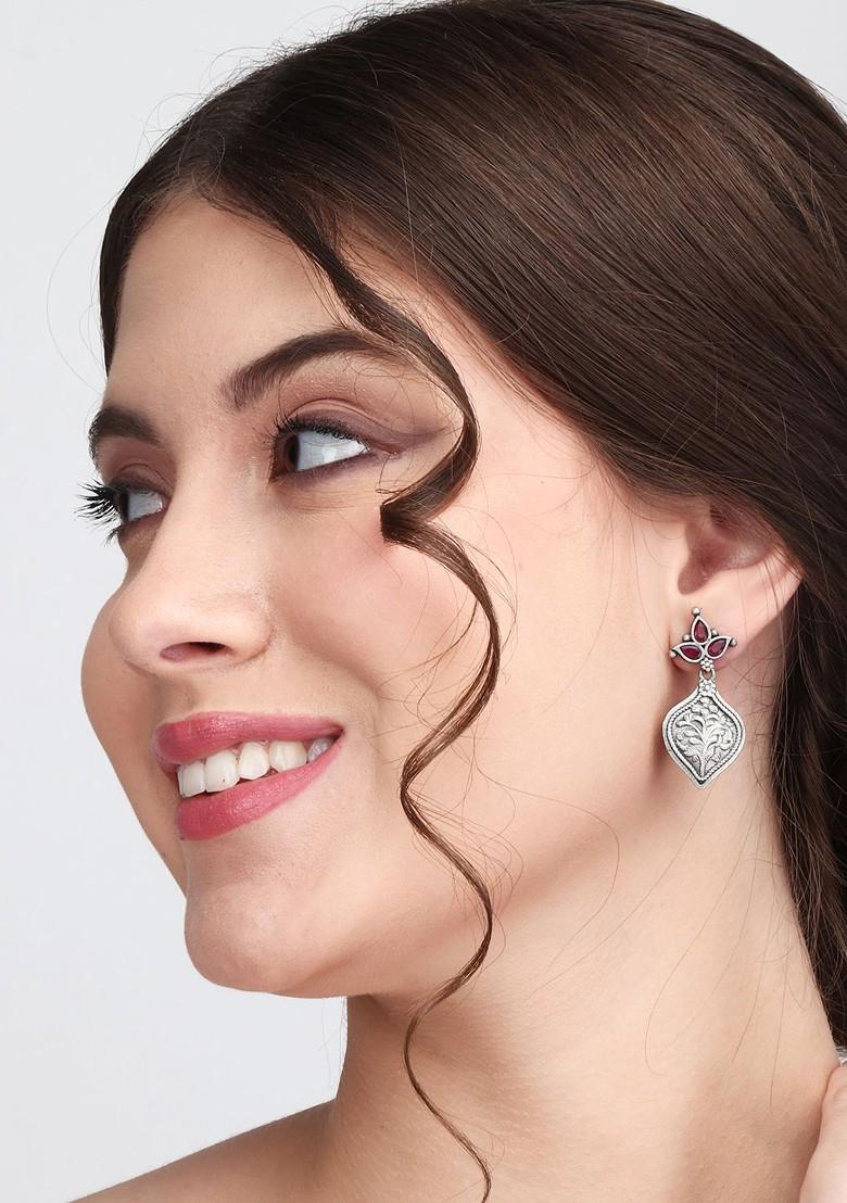 Silver Plated Stone Studded Leaf Design Brass Drop Earrings