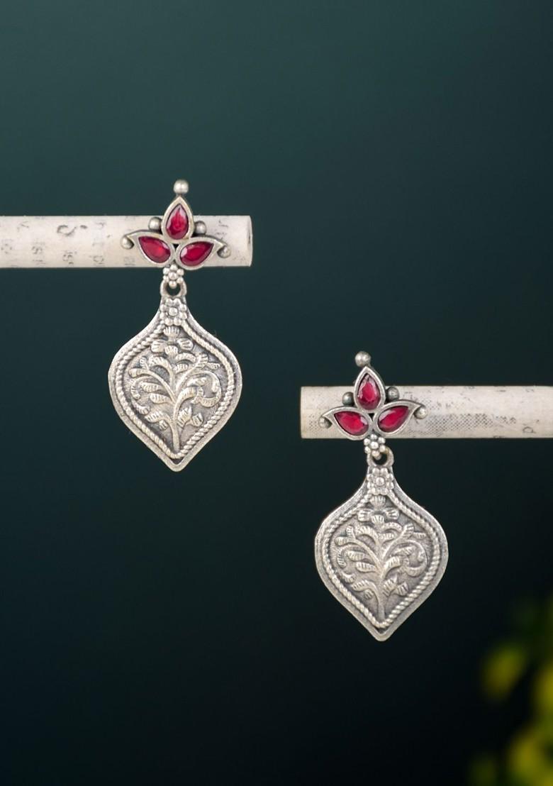 Silver Plated Stone Studded Leaf Design Brass Drop Earrings