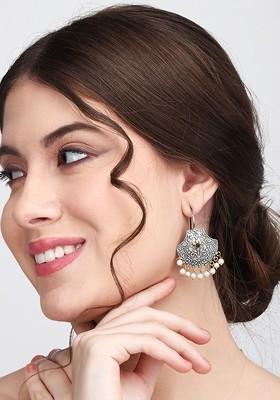 Silver Plated Stone Studded And Beaded Contemporary Brass Drop Earrings