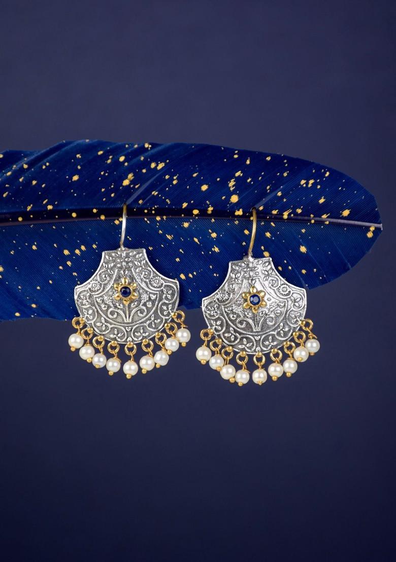 Silver Plated Stone Studded And Beaded Contemporary Brass Drop Earrings