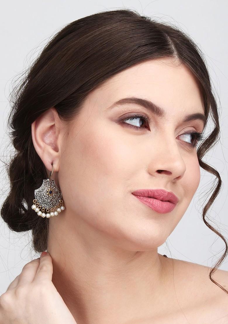 Silver Plated Stone Studded And Beaded Contemporary Brass Drop Earrings