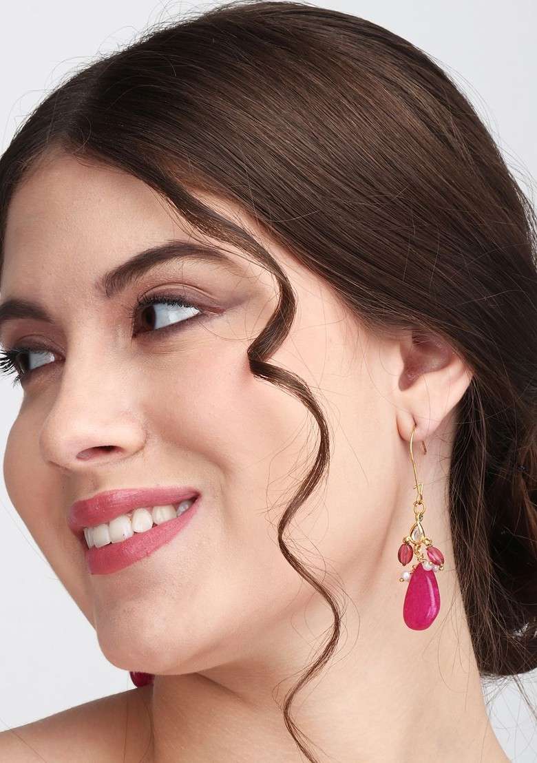 Gold Plated Beaded Contemporary Brass Drop Earrings - Indya