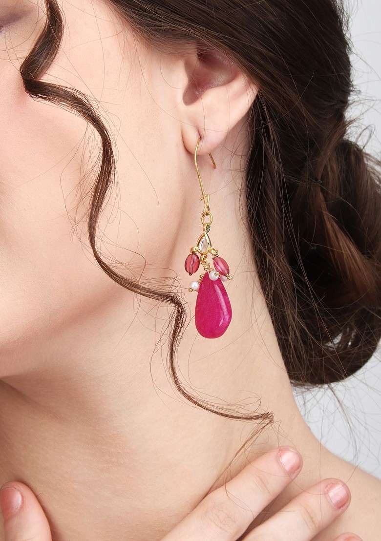Gold Plated Beaded Contemporary Brass Drop Earrings - Indya