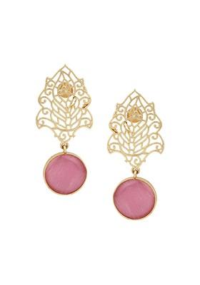 Gold Plated Stone Studded Leaf Shaped Drop Earrings