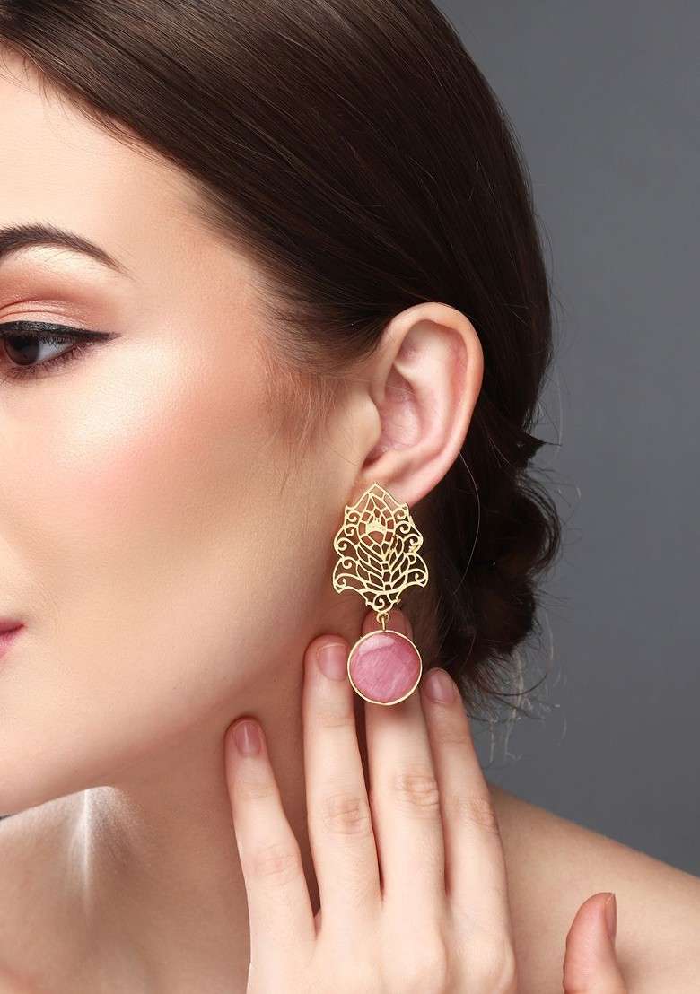 Gold Plated Stone Studded Leaf Shaped Drop Earrings - Indya