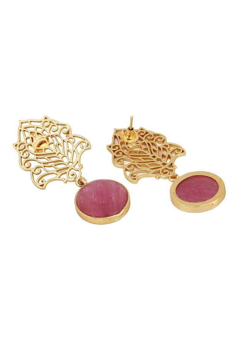 Gold Plated Stone Studded Leaf Shaped Drop Earrings - Indya