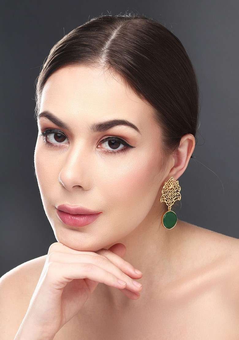 Gold Plated Stone Studded Leaf Shaped Drop Earrings - Indya