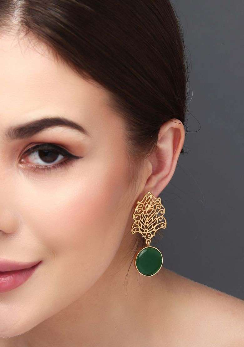 Gold Plated Stone Studded Leaf Shaped Drop Earrings - Indya