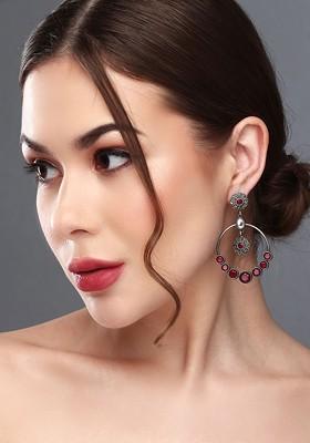 Silver Plated Stone Studded Circular Drop Earrings