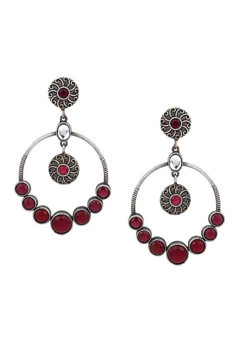 Silver Plated Stone Studded Circular Drop Earrings