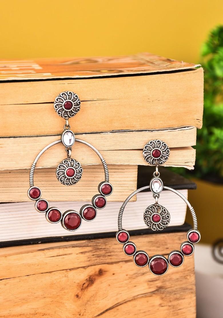 Silver Plated Stone Studded Circular Drop Earrings