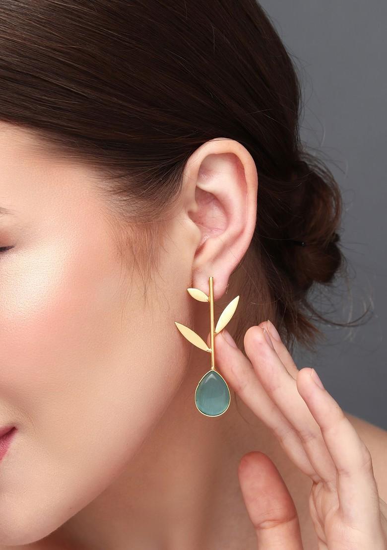 Gold Plated Stone Studded Contemporary Drop Earrings