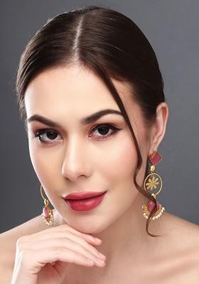 Gold Plated Stone Studded Contemporary Drop Earrings