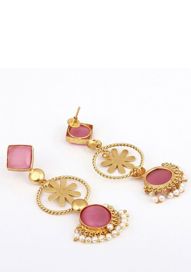 Gold Plated Stone Studded Contemporary Drop Earrings