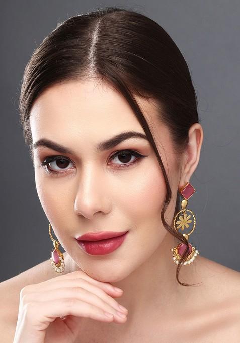 Gold Plated Stone Studded Contemporary Drop Earrings