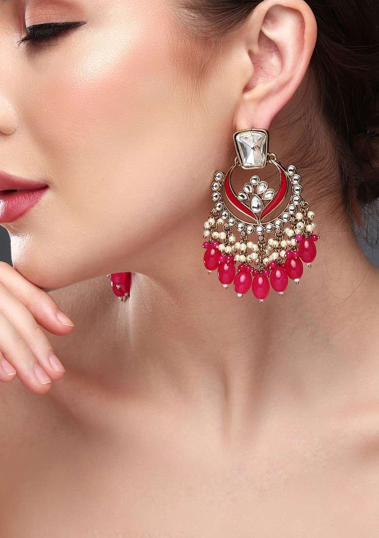 Gold Plated Kundan Studded Contemporary Chandbalis Earrings - Indya